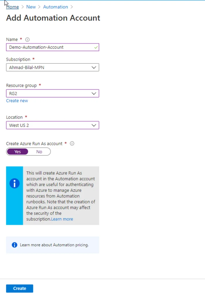 Infographic that show the Create Azure run as account