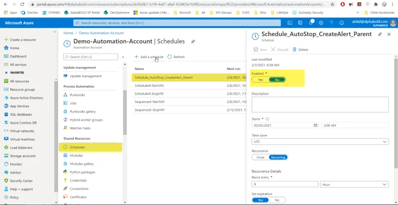 Infographic that show the navigate account, Schedule_AutoStop_CreateAlert_Parent