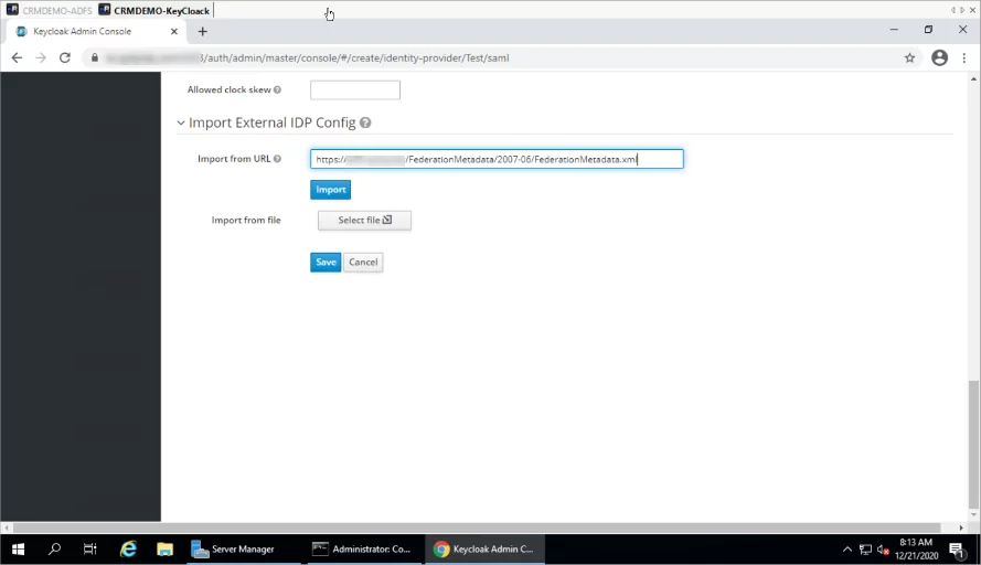 Infographic show the enter ADFS Federation Metadata URL and Click import