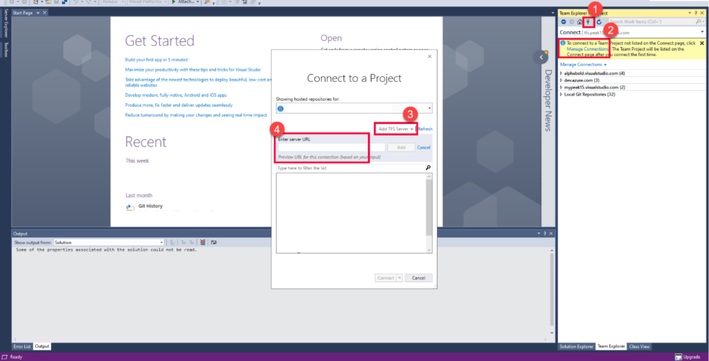 this image shows Connect to a Project | TFVC to Git