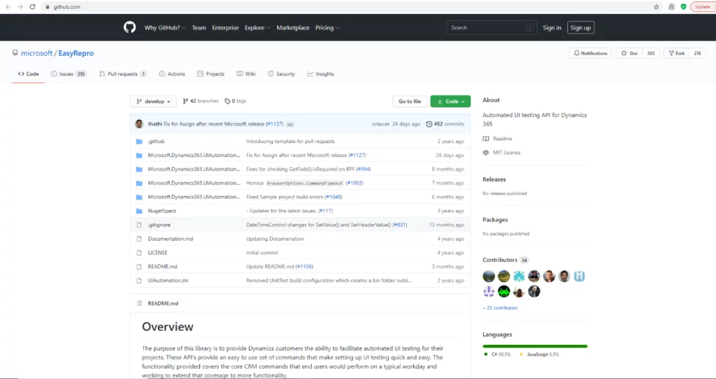 this image shows Microsoft EasyRepro Repository on Github