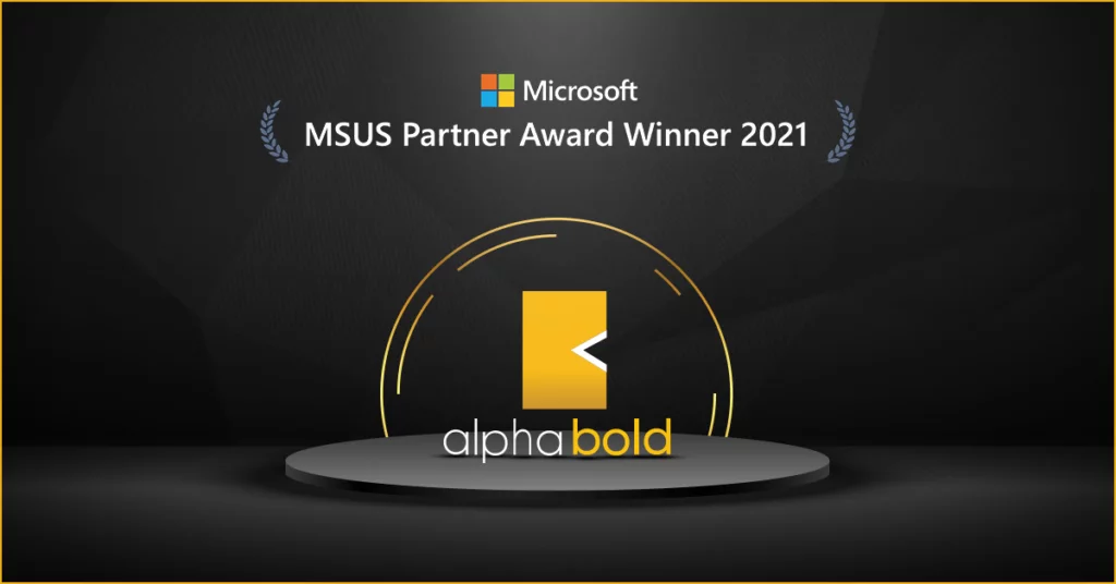 The infographic shows Microsoft-US-Partner-Award 2021 | AlphaBOLD
