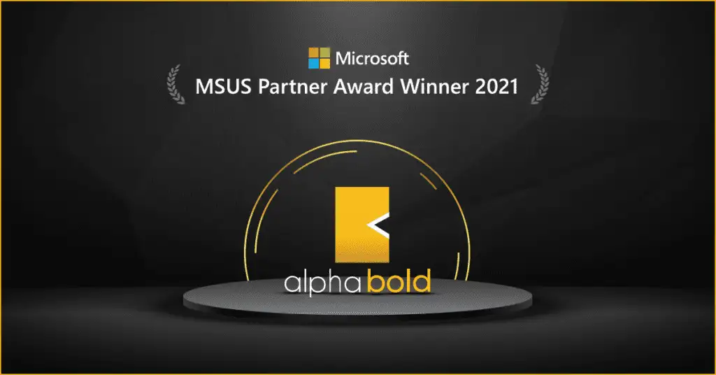 The infographic shows Microsoft-US-Partner-Award 2021 | AlphaBOLD