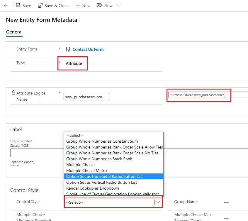 Infographic that show Option Set as Horizontal Radio Button List