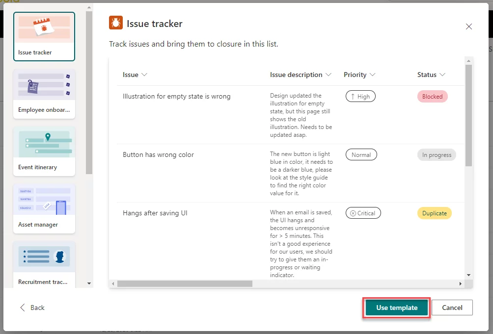 Infographic that show the Create a list using the template 