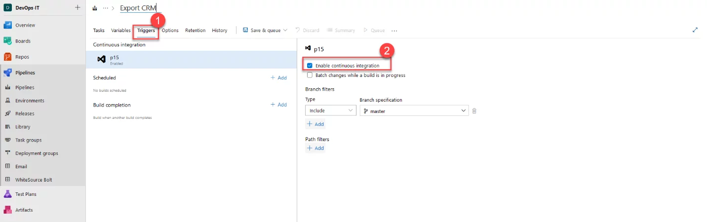 Infographic that show Click on the trigger button and check the box “Enable Continuous Integration - CI/CD of Microsoft Dynamics