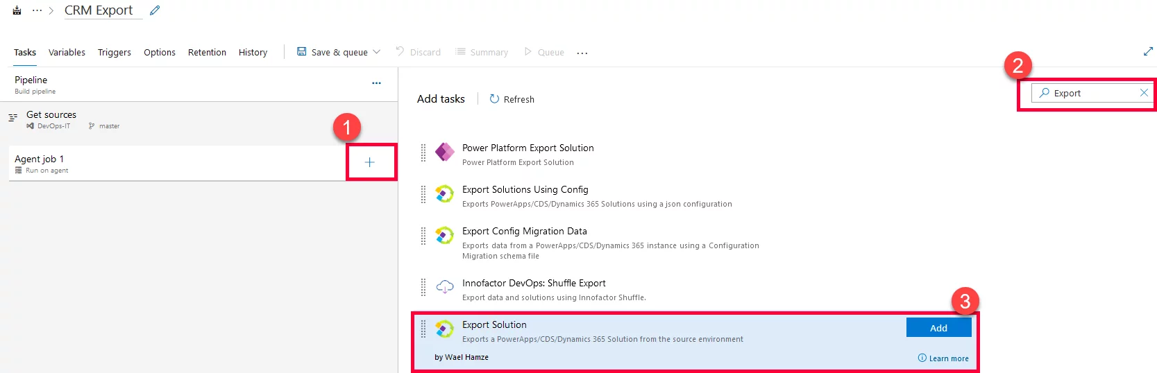 Infographic that show add the task for Solution Export - CI/CD of Microsoft Dynamics