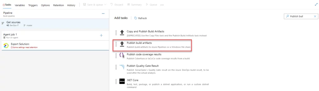 Infographic that show Publish Build Artifact is an Azure DevOps Build Pipeline task - CI/CD of Microsoft Dynamics