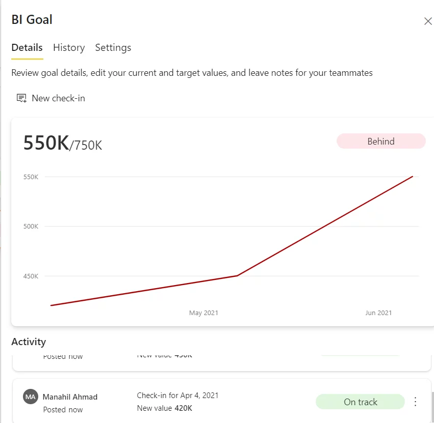 Review goals detail for Power BI Goals Tracking