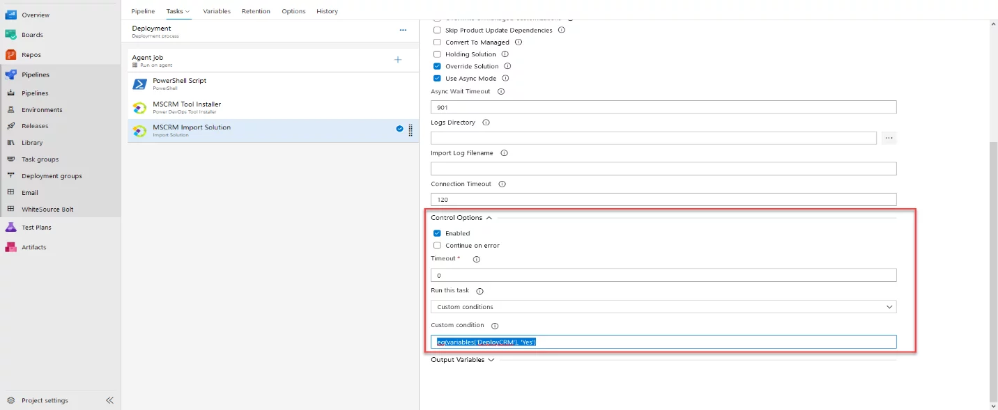 Infographic that show the “Deploy CRM” switch, you can find “Control Options” under each task