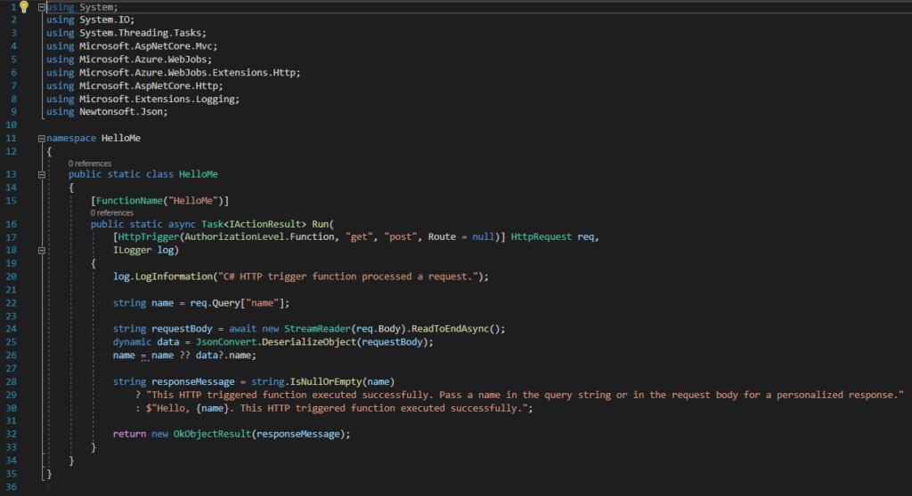 This image shows HTTP-triggered Azure Function ready