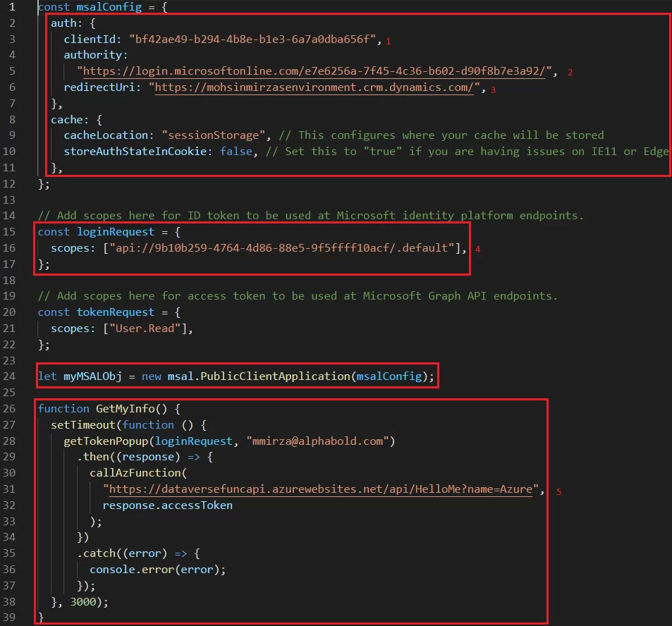 This image shows MSAL.Js Configuration