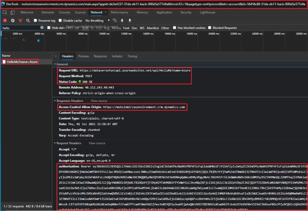 This image shows the call the Azure Function securely