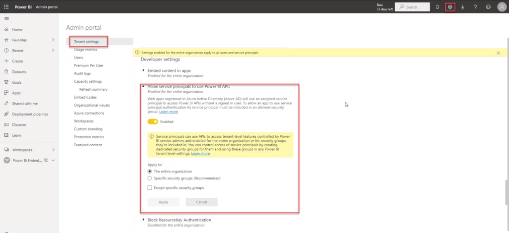 this image show the admin portal -POWER BI EMBEDDED FOR YOUR CUSTOMERS