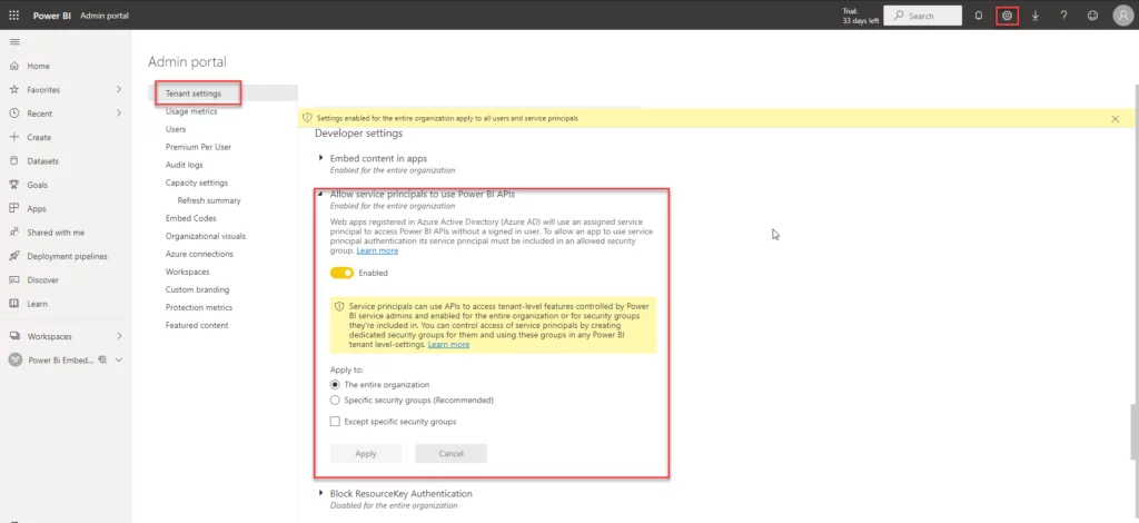 this image show the admin portal - Power BI embedded for your customer