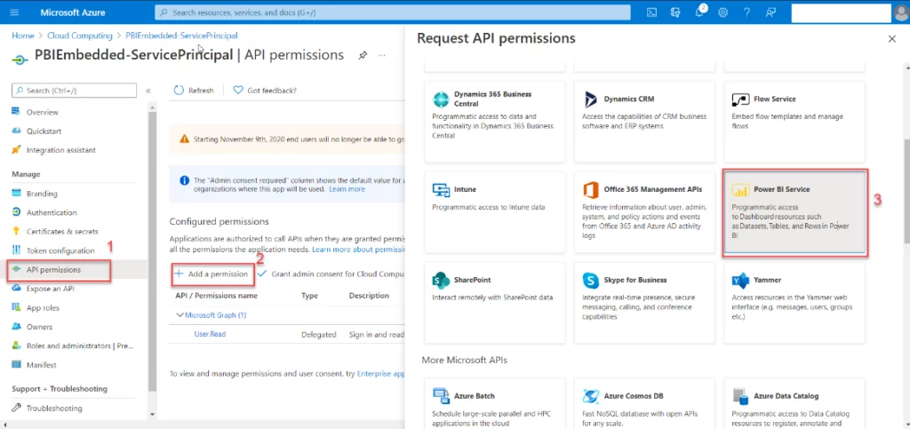 this image shows Add a permission,” and lastly, select “Power BI Service.”