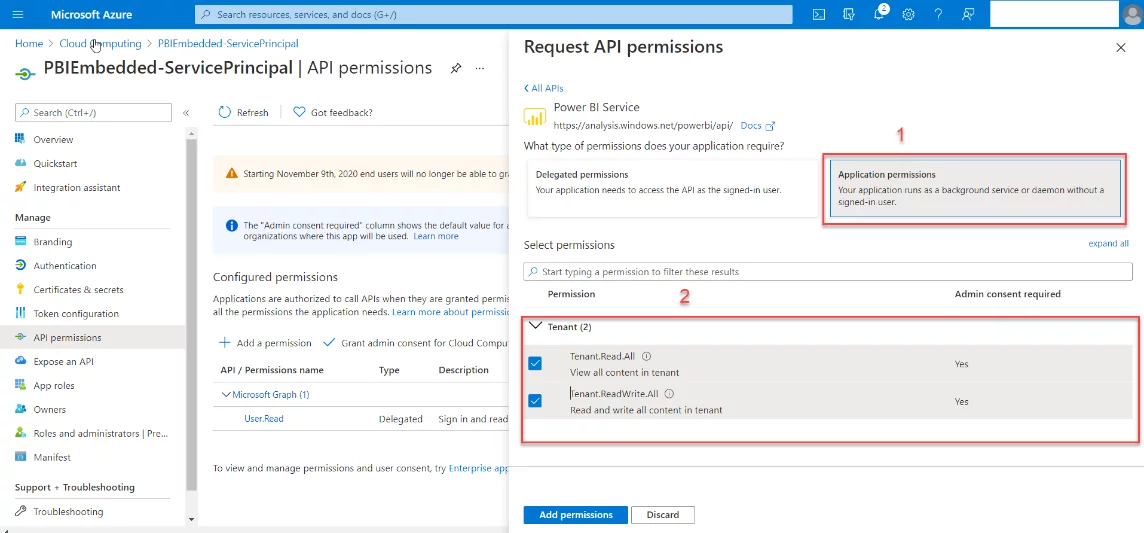 this image shows Application Permissions-POWER BI EMBEDDED FOR YOUR CUSTOMERS