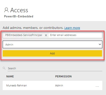 this image shows the Add Admin window  - POWER BI EMBEDDED FOR YOUR CUSTOMERS