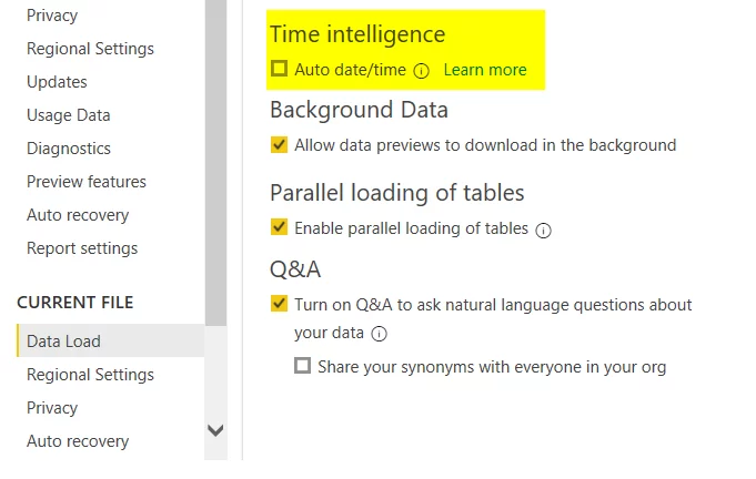 this image shows the Uncheck the setting as below in PBI Desktop to turn auto date/time off.