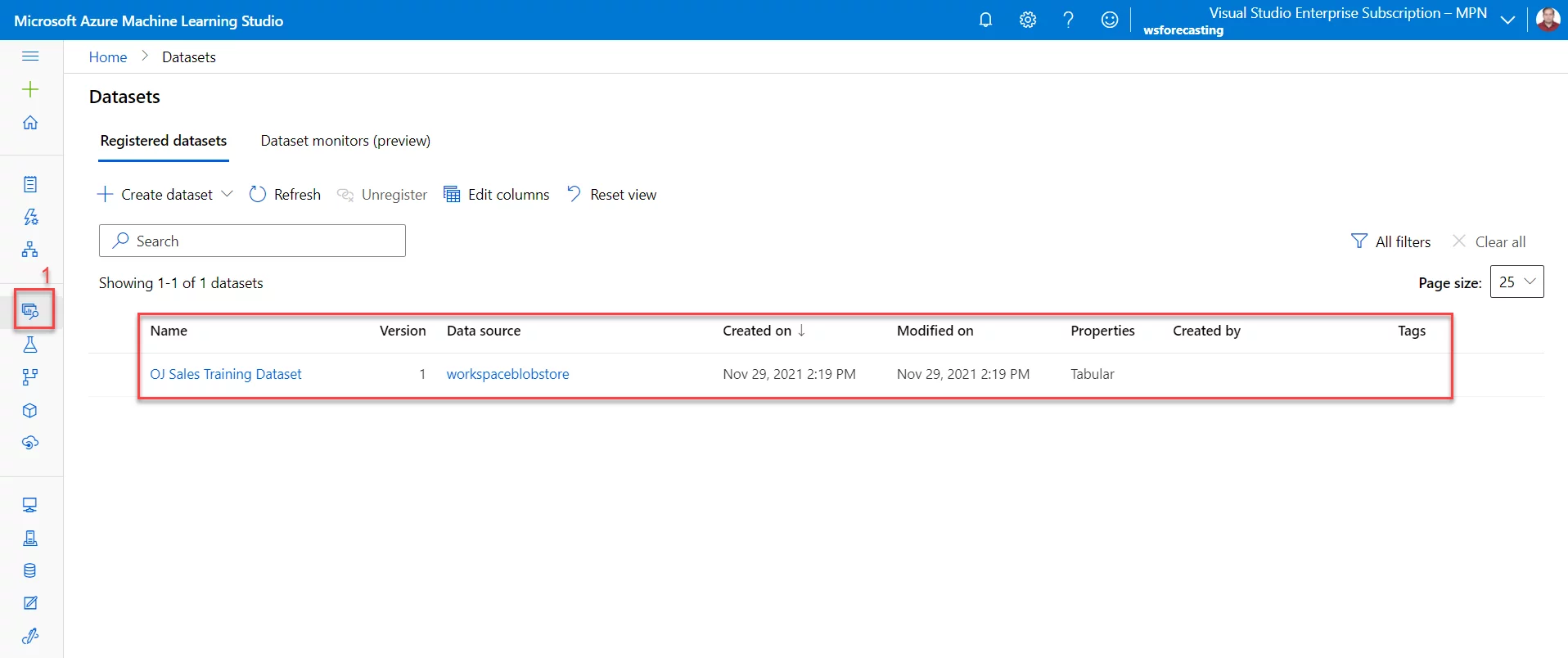 Datasets' in Machine Learning Studio