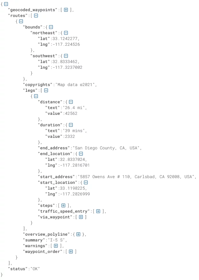 Google Directions API Response 