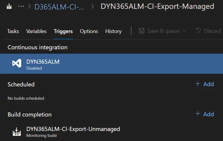 this image shows the enabled trigger for managed build to trigger on completion of unmanaged export pipeline - Deploy PowerApps Solutions Using Azure DevOps