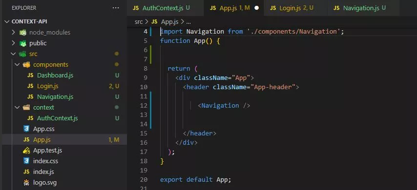 Infographic that shows how to Import your modules navigations “Dashboard “and “Login. Context API