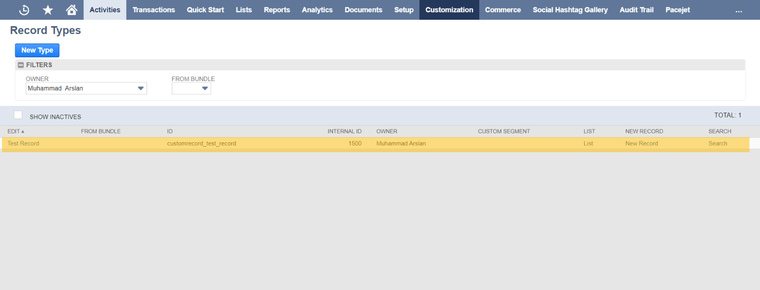 this image shows the Customization tab > List, Records, & Fields > Record Types. WebStorm