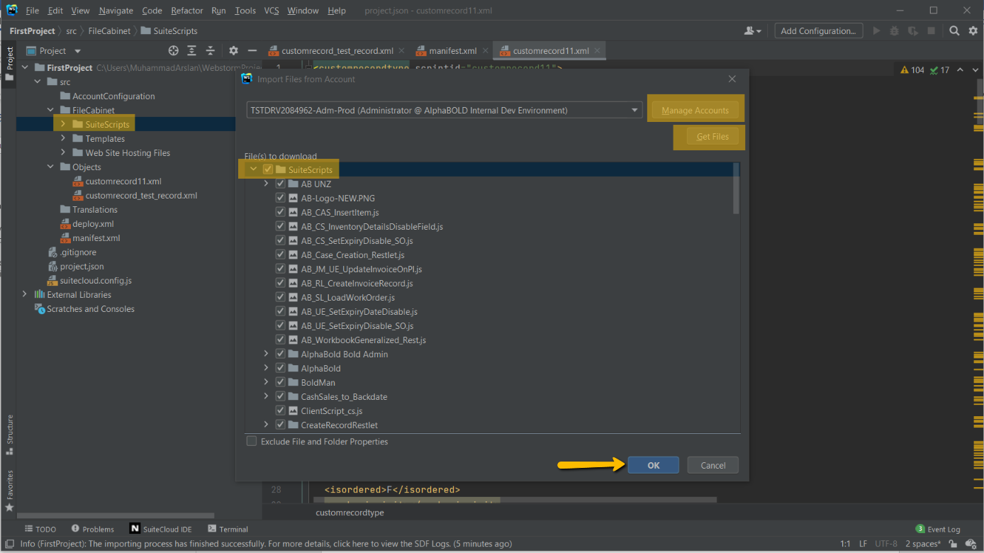 this image shows the Import script file or bundle from NetSuite into WebStorm for customization