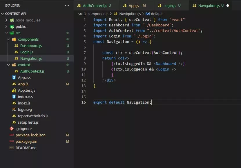 Infographic that shows Import “Navigation” component and add it under the header tag - Context API