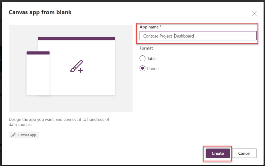 The image shows the create app from blank - Setting Up Project Management Dashboard In PowerApps