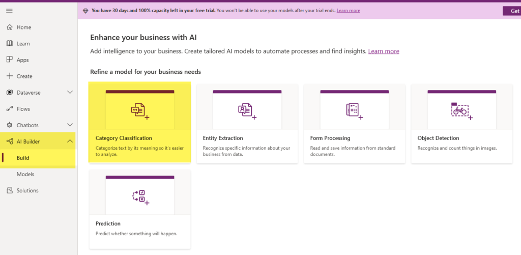 this image shows AI Builder> Build > Category Classification - AI Models in Power Platform