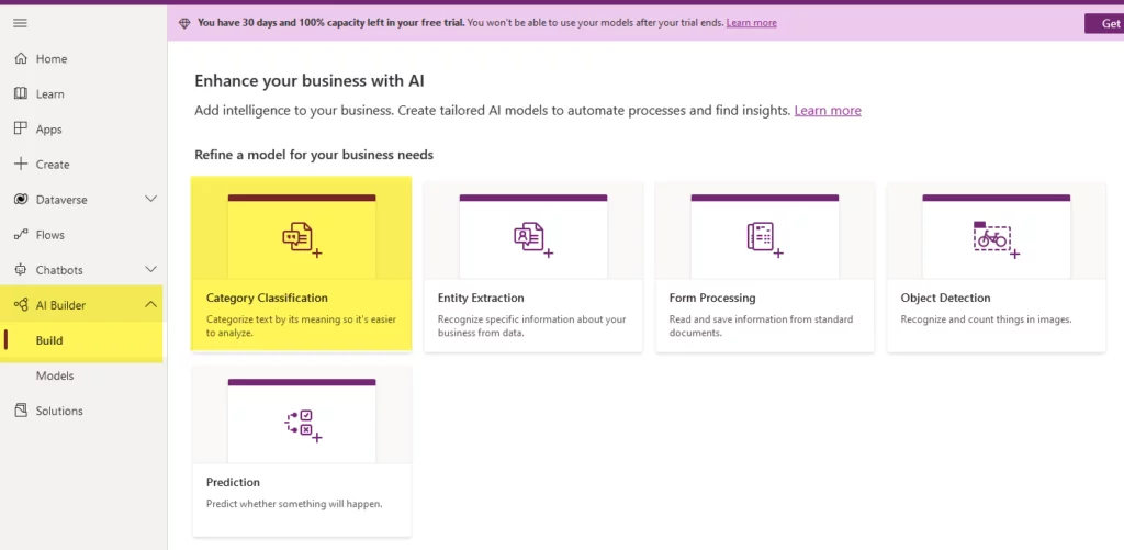 this image shows AI Builder> Build > Category Classification - AI Models in Power Platform