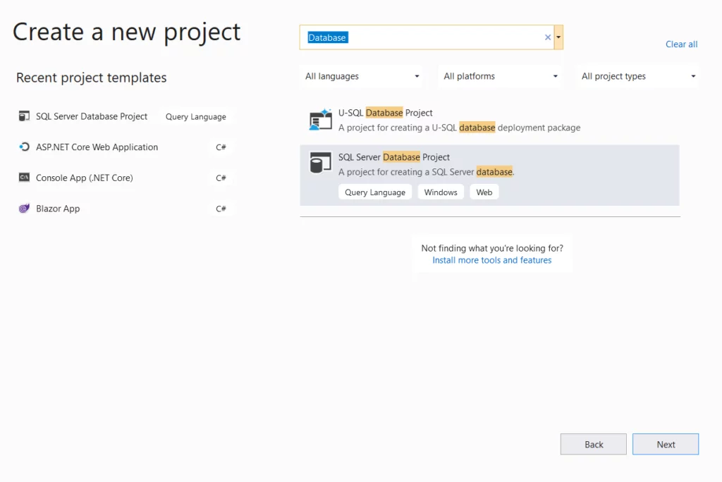 This image shows the Open Visual Studio and search for SQL Server Database Project
