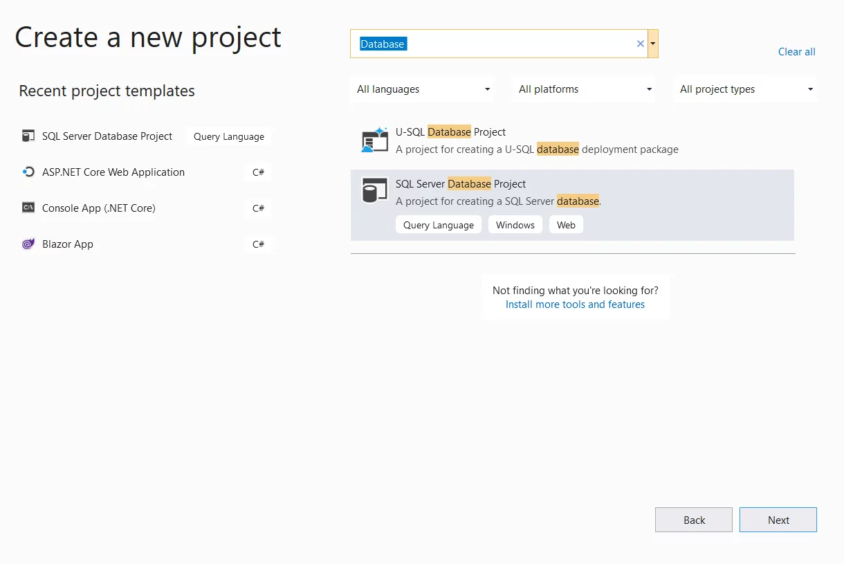 Creating a New Database project 