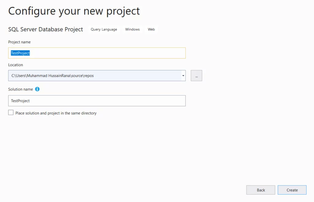 this image shows the specify the name for the project. Click on the Create button.