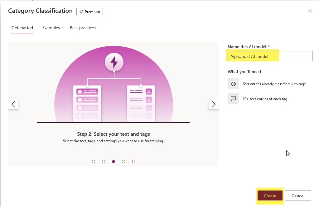 this image shows AI model a name and click the ‘Create’ button