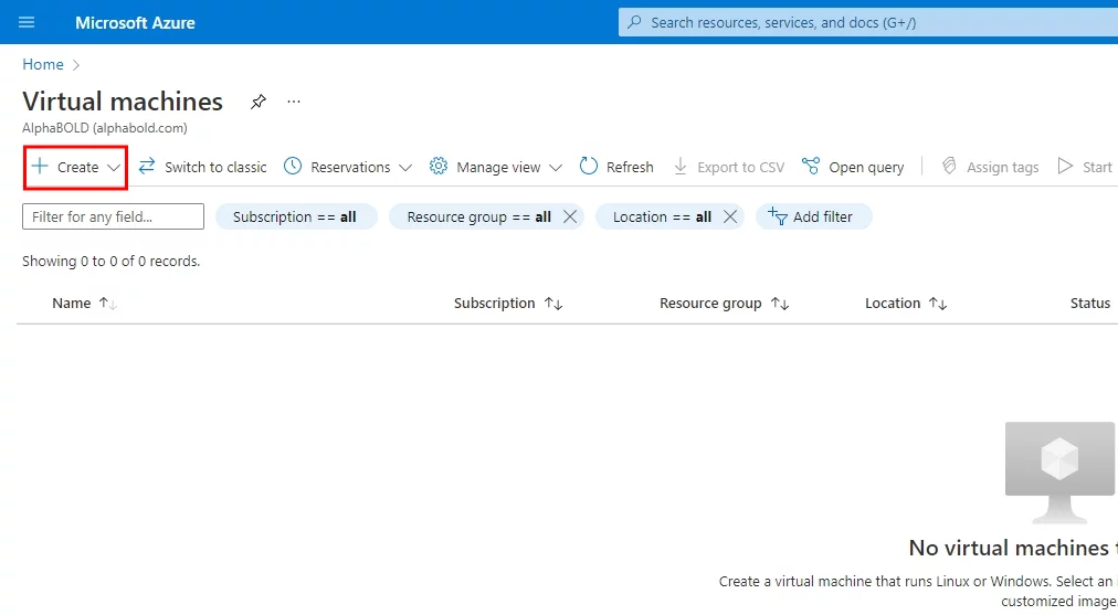 this image shows the Create a new virtual machine using the “create” button