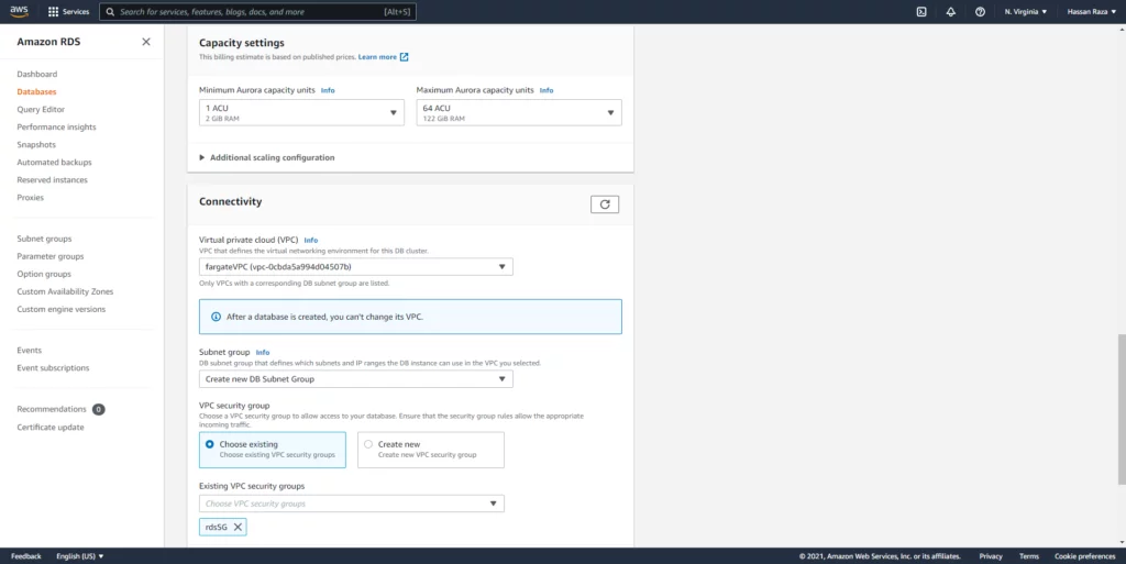 this image shows create databases button - Deployment of Serverless Containerized WordPress through AWS Fargate