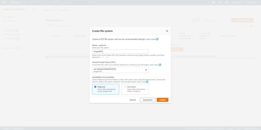 this image shows AWS EFS