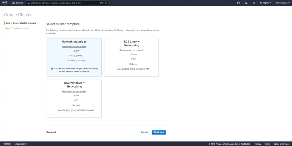 this image shows AWS ECS- Choose the option of “Networking only” which will be used for Fargate service.