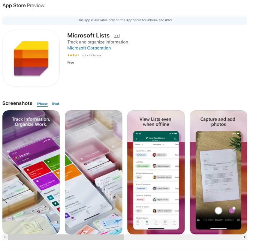 Infographics show MS Lists App for iOS - Microsoft Lists vs SharePoint Lists