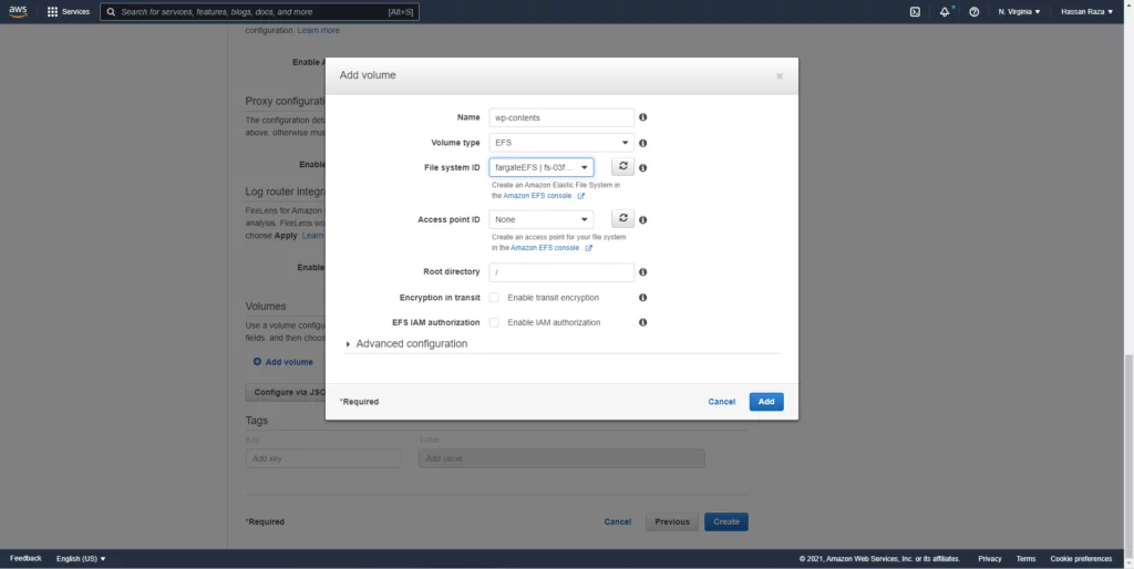 this image shows Select the EFS and specify the volume path. Deployment of Serverless Containerized WordPress through AWS Fargate