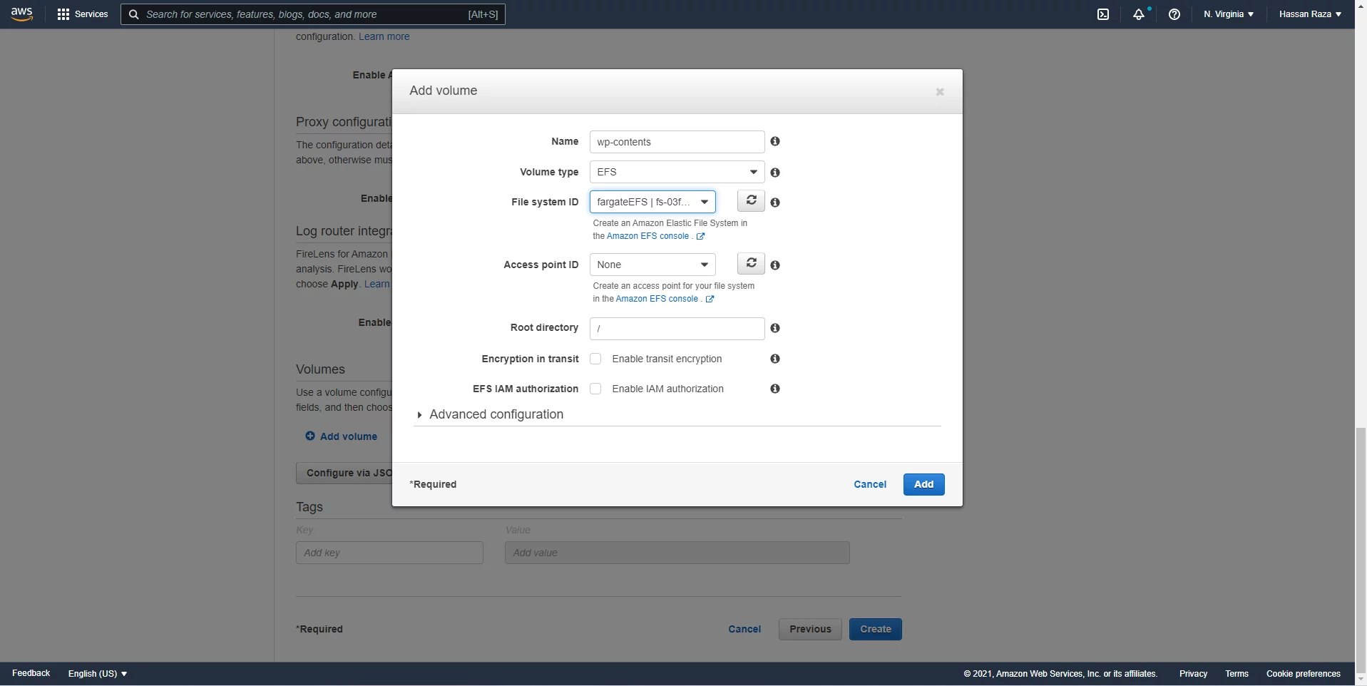 EFS and specify the volume path