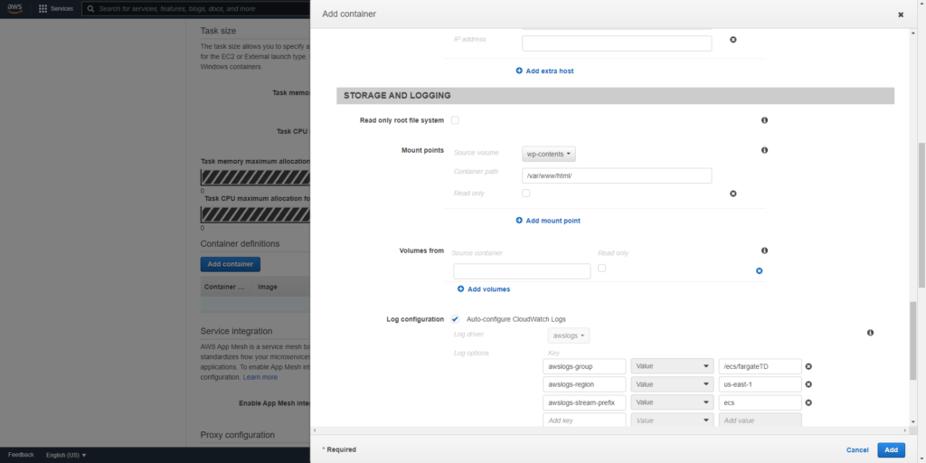 this image shows Select Mount Point or container path - Deployment of Serverless Containerized WordPress through AWS Fargate