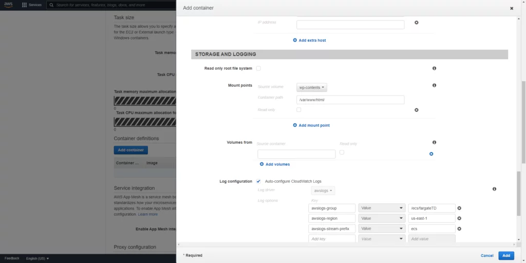 this image shows Select Mount Point or container path - Deployment of Serverless Containerized WordPress through AWS Fargate