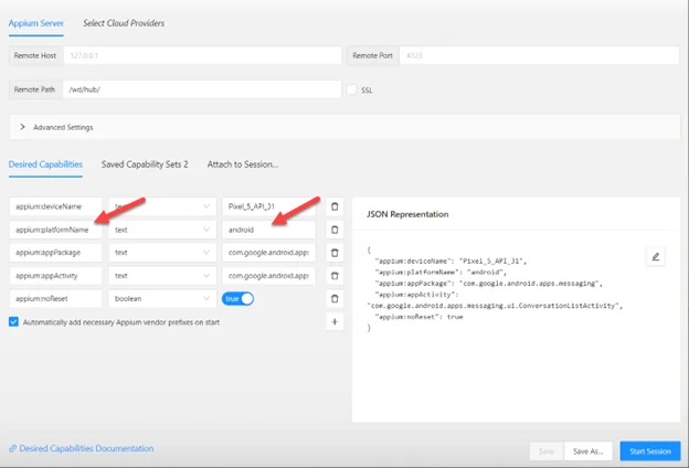 Infographic that shows the Platform name, here is an example of how you can set it - Appium Inspector