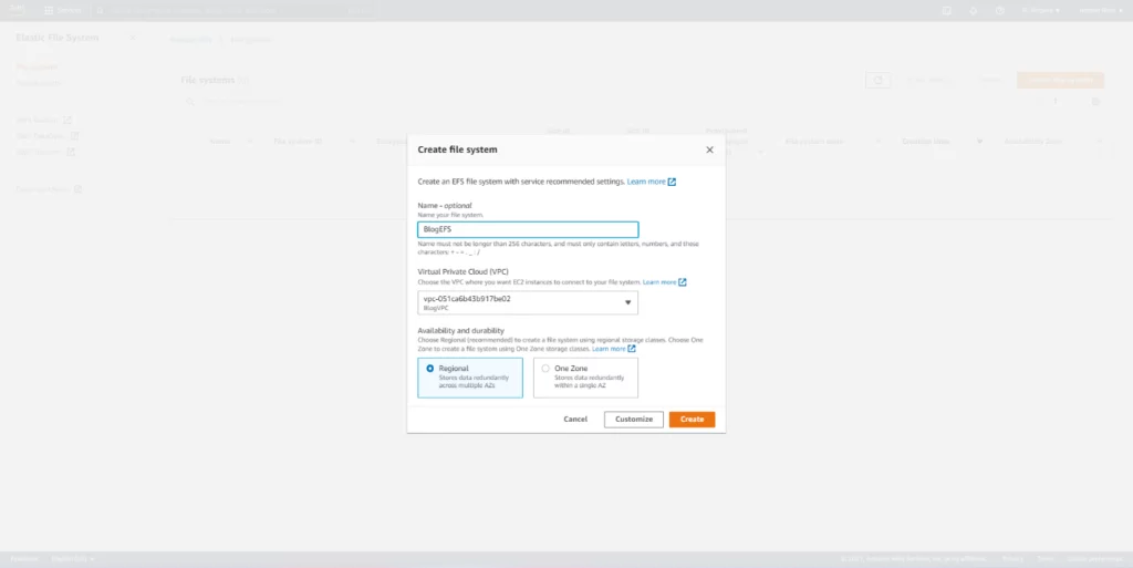 Infographic show the create the file system by naming and selecting the VPC - Dockerized WordPress