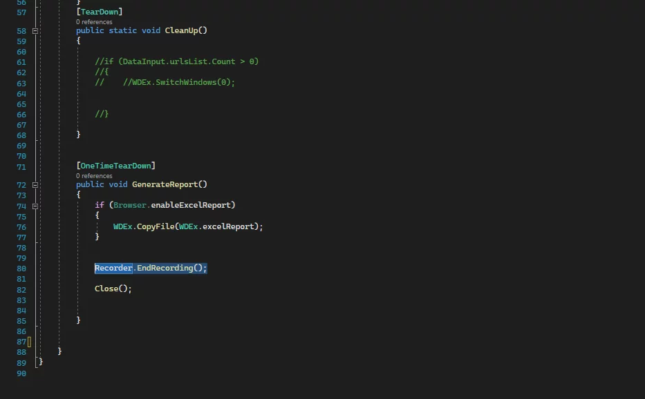 this image shows the StartRecording function - automation test cases with C# and NUnit in Selenium