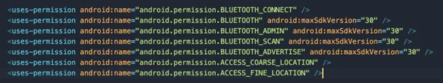 Infographic that shows the following permissions inside the AndroidManifest.xml file within the 'application' tag